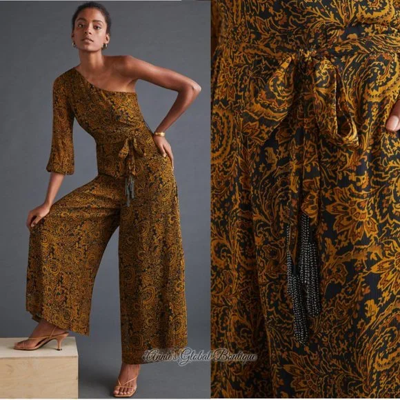 RARE NWT ANTHROPOLOGIE Ollari Paisley Tasseled One-Shoulder Jumpsuit. Size L - Picture 10 of 16